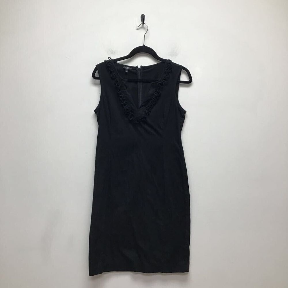 Talbots Womens Sheath Dress Black Stretch Notch Neck Sleeveless Ruffle Mini 10